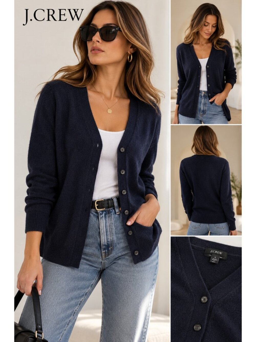 J.Crew 100% Cashmere Black V-Neck Button Front Cardigan Sweater Size M